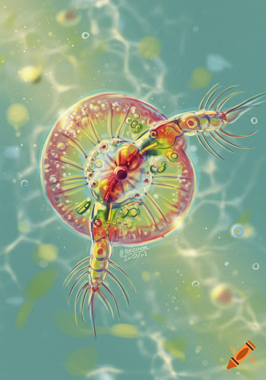 A vibrant, detailed illustration of a microscopic rotifer-like organism floating in teal water with light refractions.
