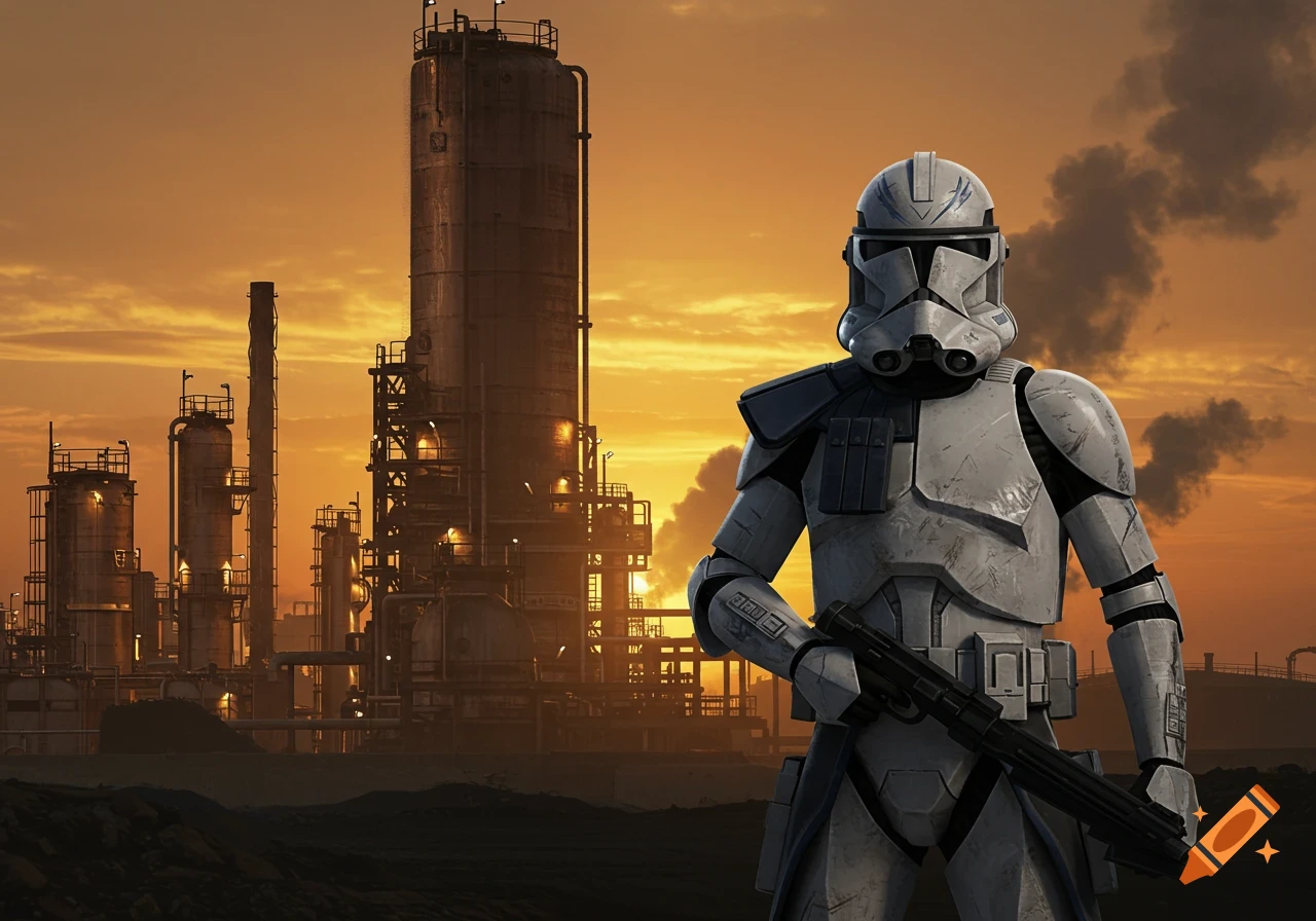 A photorealistic Clone Trooper stands holding a rifle in front of an industrial oil refinery at sunset.