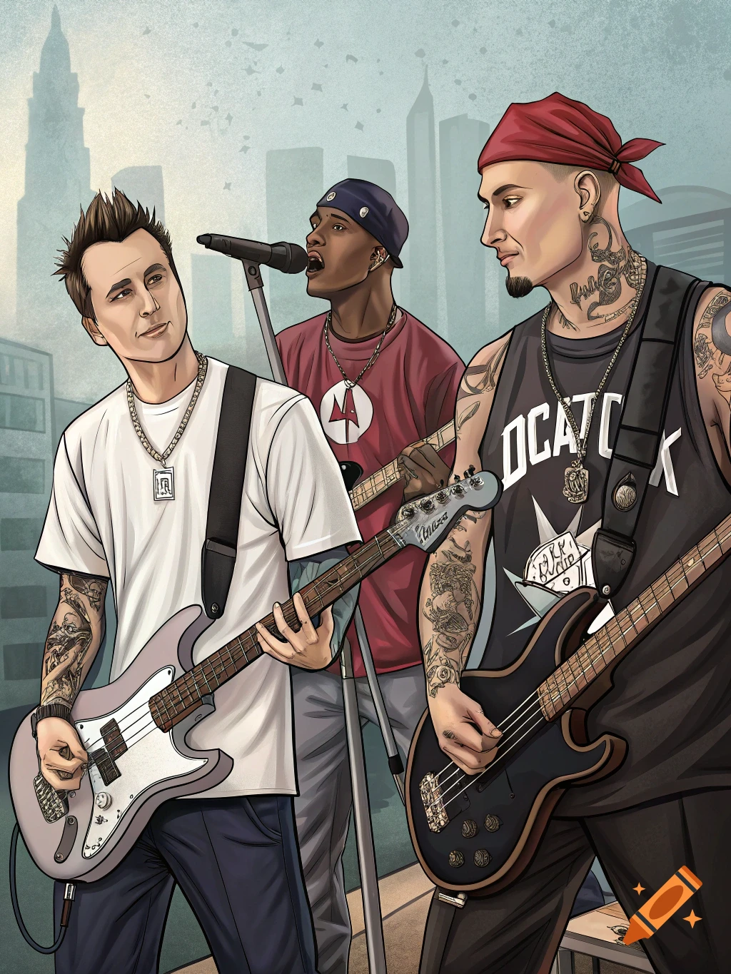 Stylized illustration of three male musicians, two playing bass guitars and one singing, with a city skyline background.