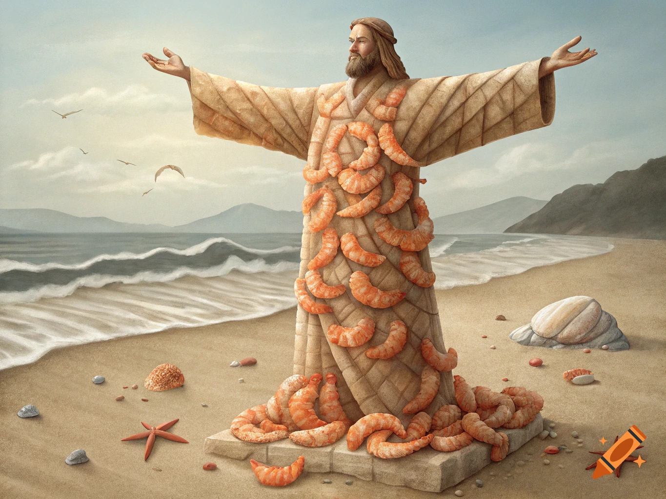 A statue of Jesus made of shrimp stands on a beach with the ocean and mountains in the background.