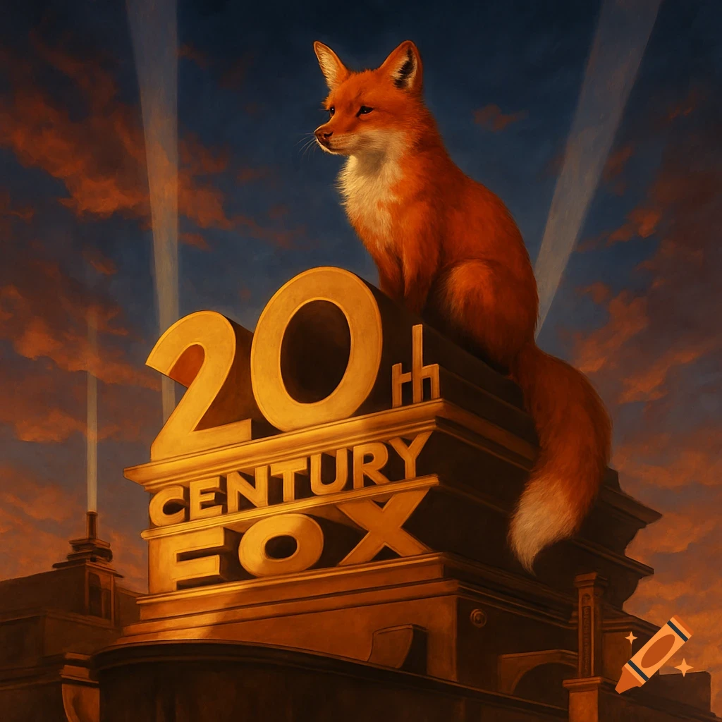 A realistic fox sits atop a golden 20th Century Fox logo, illuminated by dramatic light rays against an orange and blue sky.