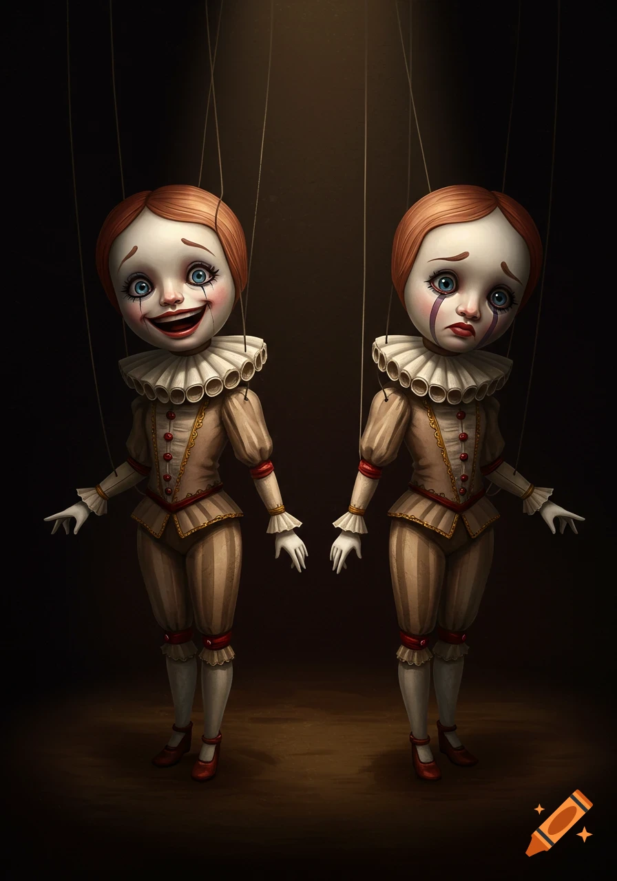 Two porcelain marionette dolls, one happy and one sad, stand side-by-side in old-fashioned costumes.