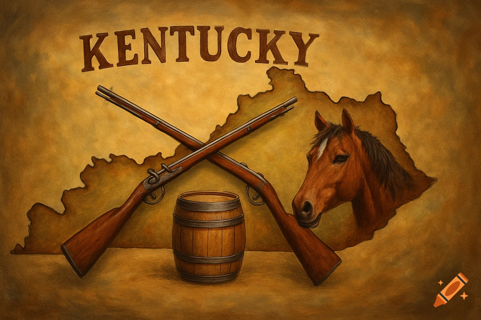 An artistic illustration featuring the word "KENTUCKY" above a map outline of the state, with crossed long rifles, a bourbon barrel, and a horse head.