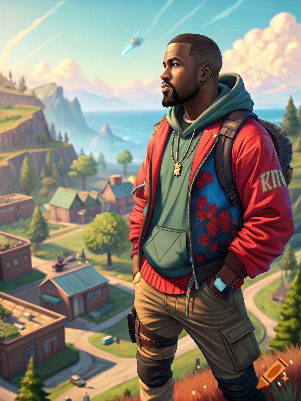 A stylized man, resembling Kanye West, wearing a red jacket and backpack, stands on a hill overlooking a cartoonish village with a bright sky.