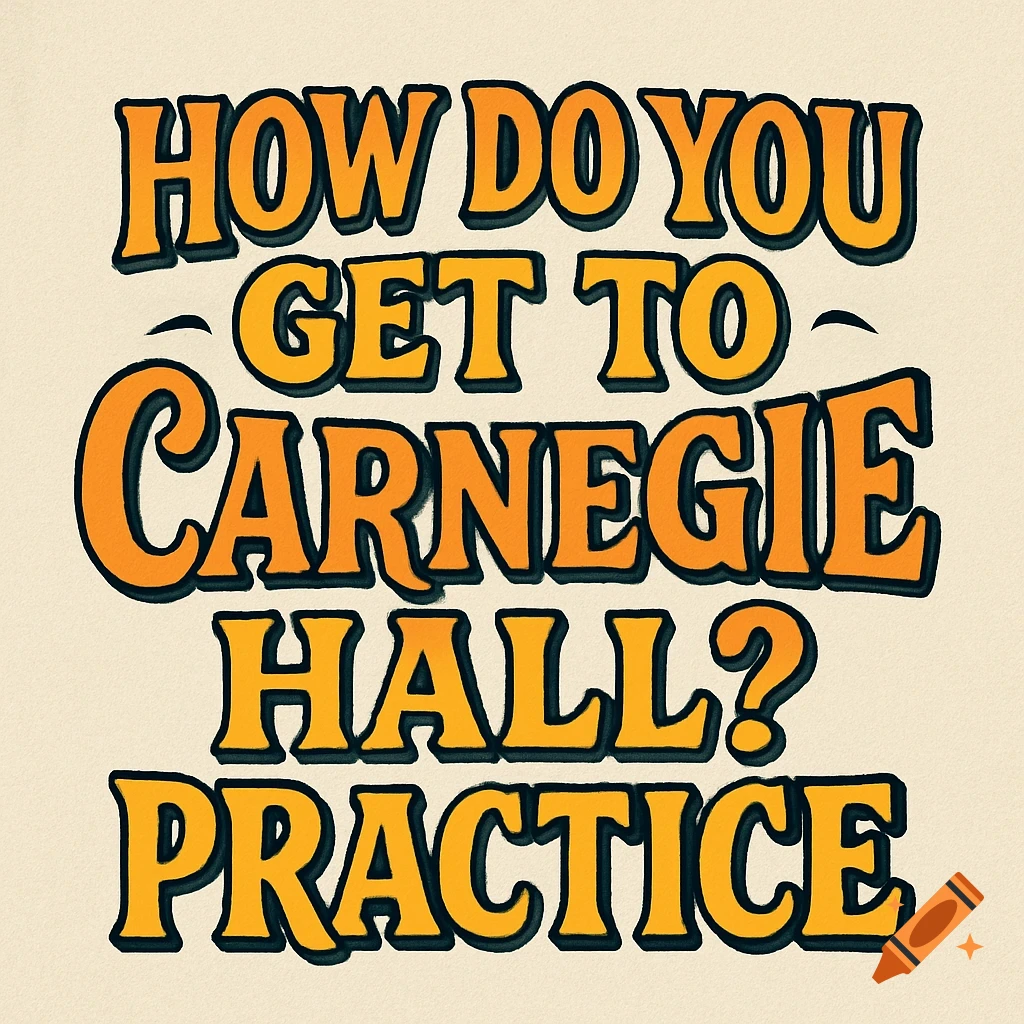 Stylized orange and black text on a light background reads: 'How Do You Get to Carnegie Hall? Practice.'