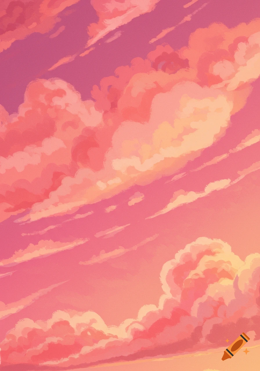 Vibrant pink and orange stylized clouds fill a bright sky.