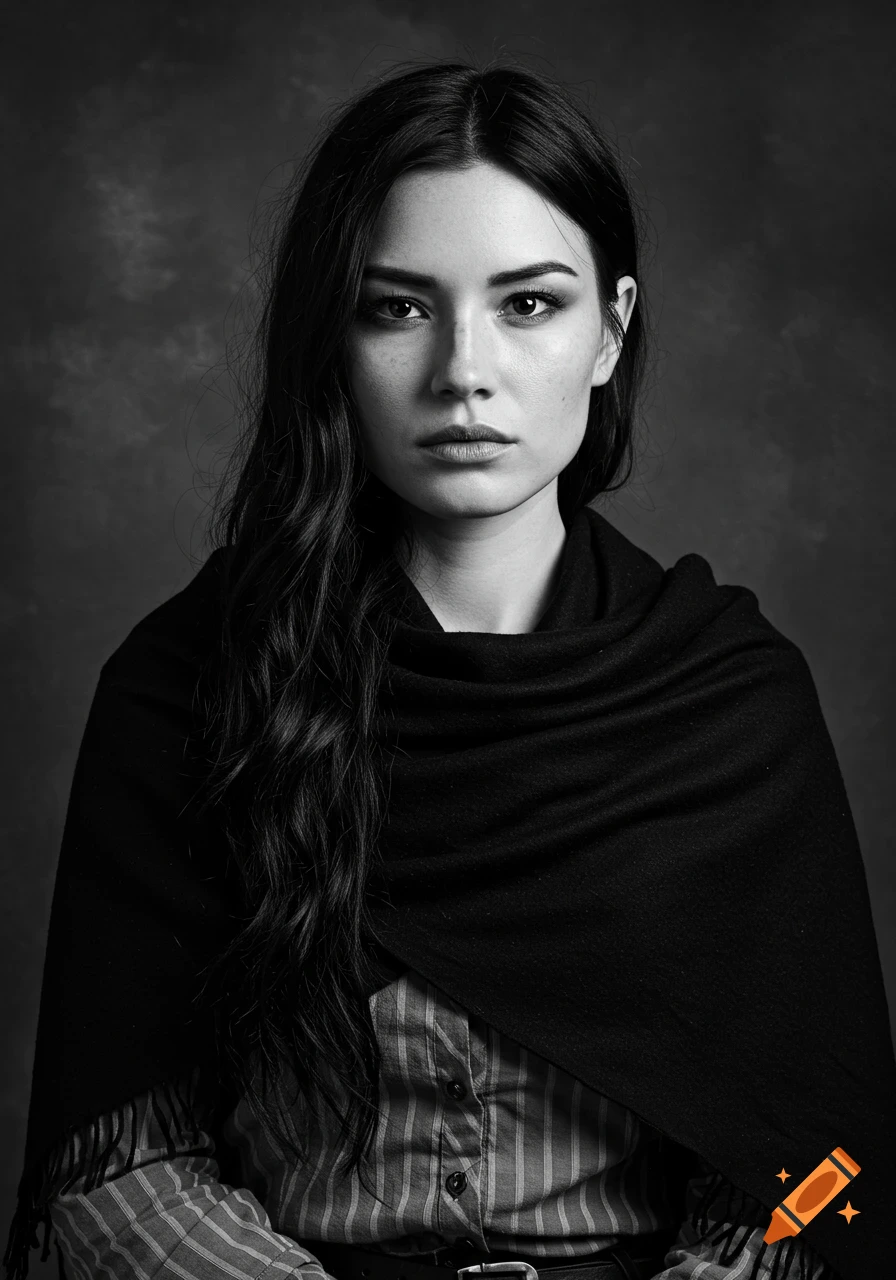 A black and white realistic portrait of a young woman with a serious expression, long dark hair, and a black shawl.