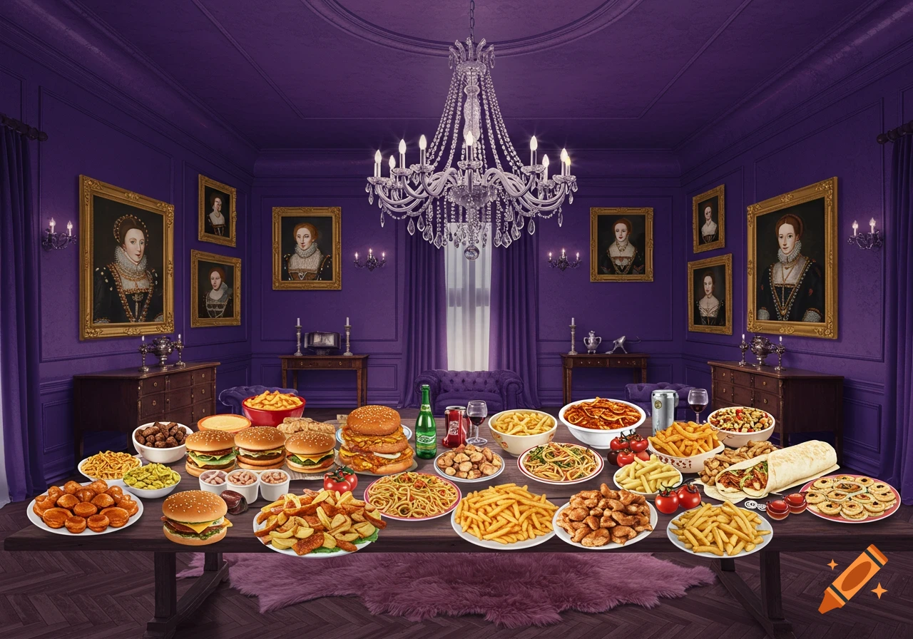 A grand dining room with deep purple walls, a large crystal chandelier, and many framed Tudor queen portraits. A long wooden table in the foreground is laden with various fast food items including burgers, fries, pasta, chicken, and wraps, all arranged on plates and bowls. A pink fluffy rug is on the wooden floor.