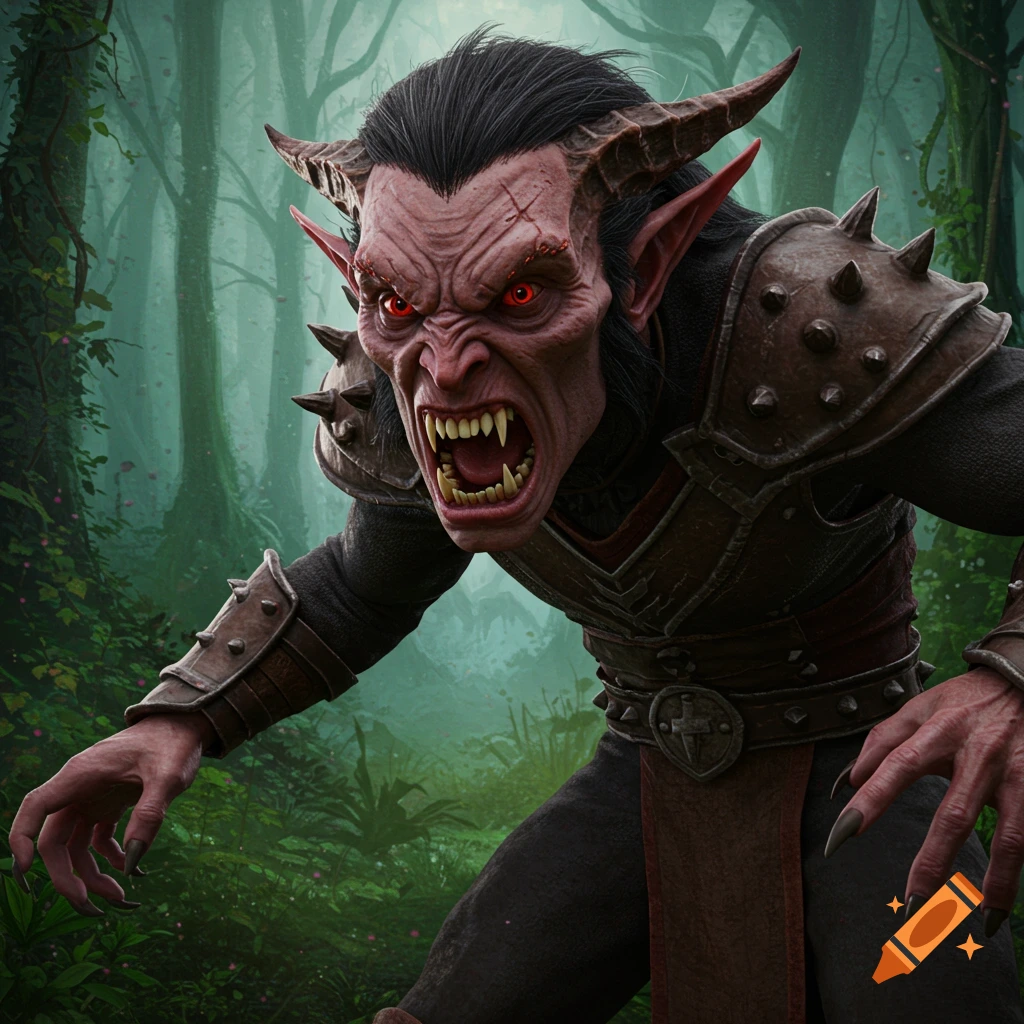Hyperrealistic depiction of an angry, red-eyed prowler warrior with sharp teeth and horns, wearing armor, in an enchanted forest.