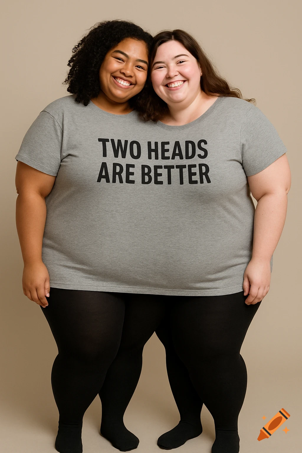 Two smiling curvy women in a single grey t-shirt reading 'TWO HEADS ARE BETTER' and black tights, creating a two-headed illusion.