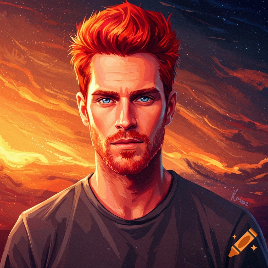 A stylized portrait of a man with fiery red hair and beard, striking blue eyes, set against a dramatic orange and dark blue background.