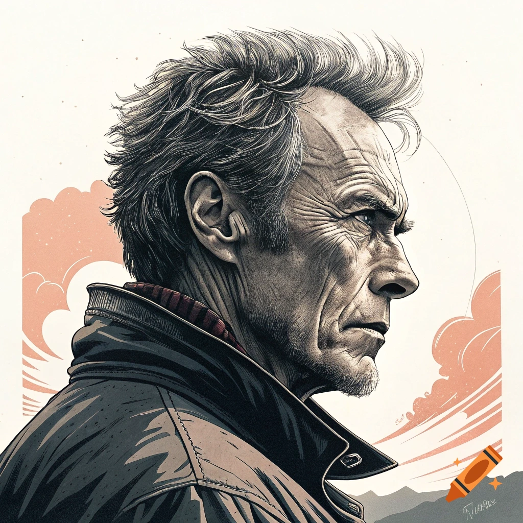A detailed, stylized illustration of Clint Eastwood's side profile, depicting him with textured hair and a weathered face, in the style of Yoji Shinkawa.
