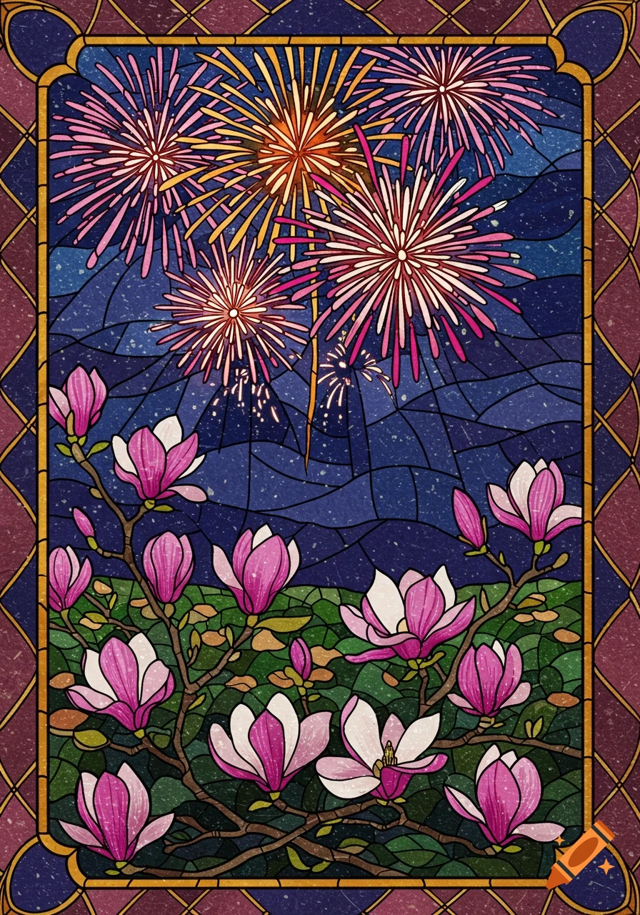 Stained glass illustration of pink and white magnolia blossoms with colorful fireworks exploding in a dark blue night sky above.