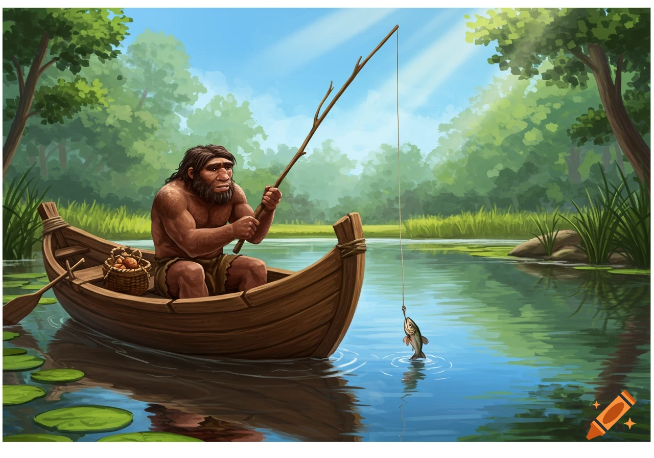 A cartoon illustration of a Neanderthal man fishing from a small wooden boat on a calm lake surrounded by lush green trees.