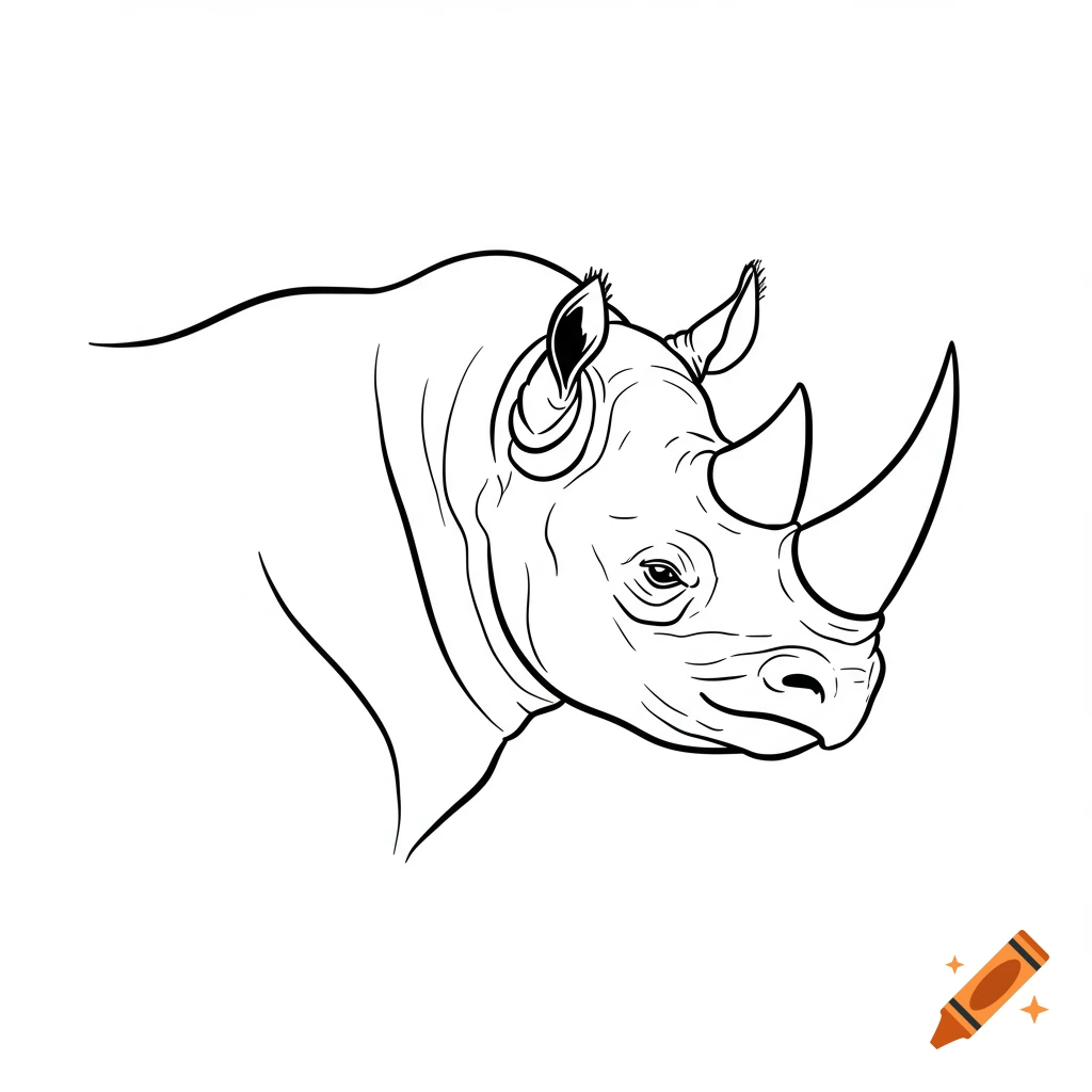 A simple black and white line drawing of a rhinoceros head in profile.