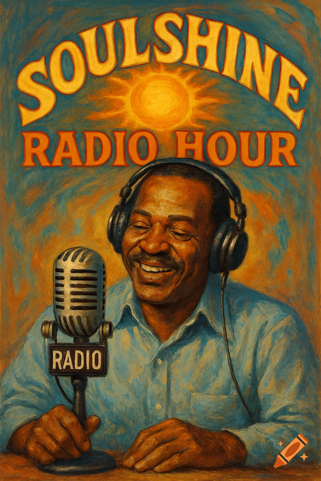 A smiling man with headphones and a vintage microphone, with 'SOULSHINE RADIO HOUR' above in a painterly style.