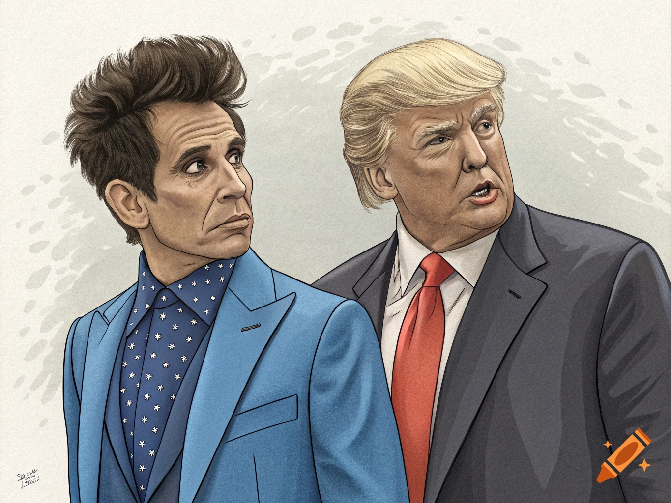 Illustration of Ben Stiller as Derek Zoolander in a blue suit looking left, standing next to Donald Trump in a dark suit and red tie looking right.
