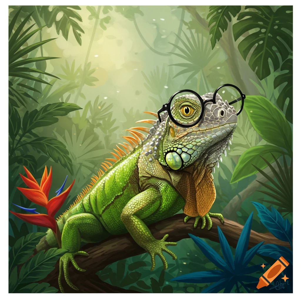 An illustrated green iguana with round glasses perches on a tree branch ...