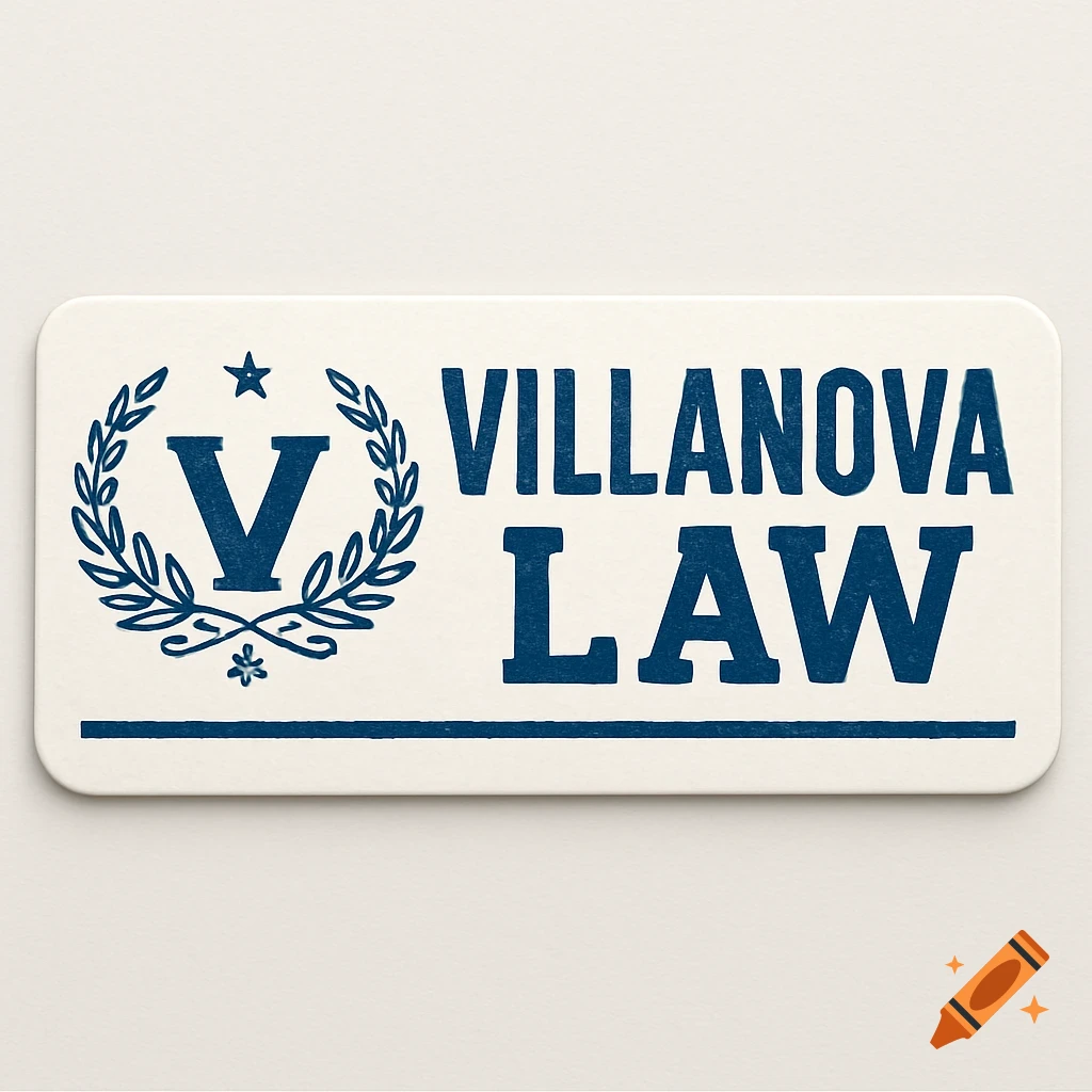 A white rectangular sticker or coaster with "VILLANOVA LAW" in bold blue text and a blue 'V' inside a wreath.