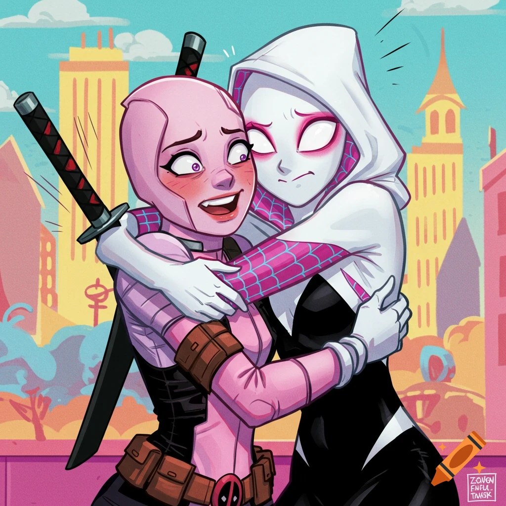 Gwenpool excitedly hugs Spider-Gwen, who looks uncomfortable, in a colorful comic book style illustration.