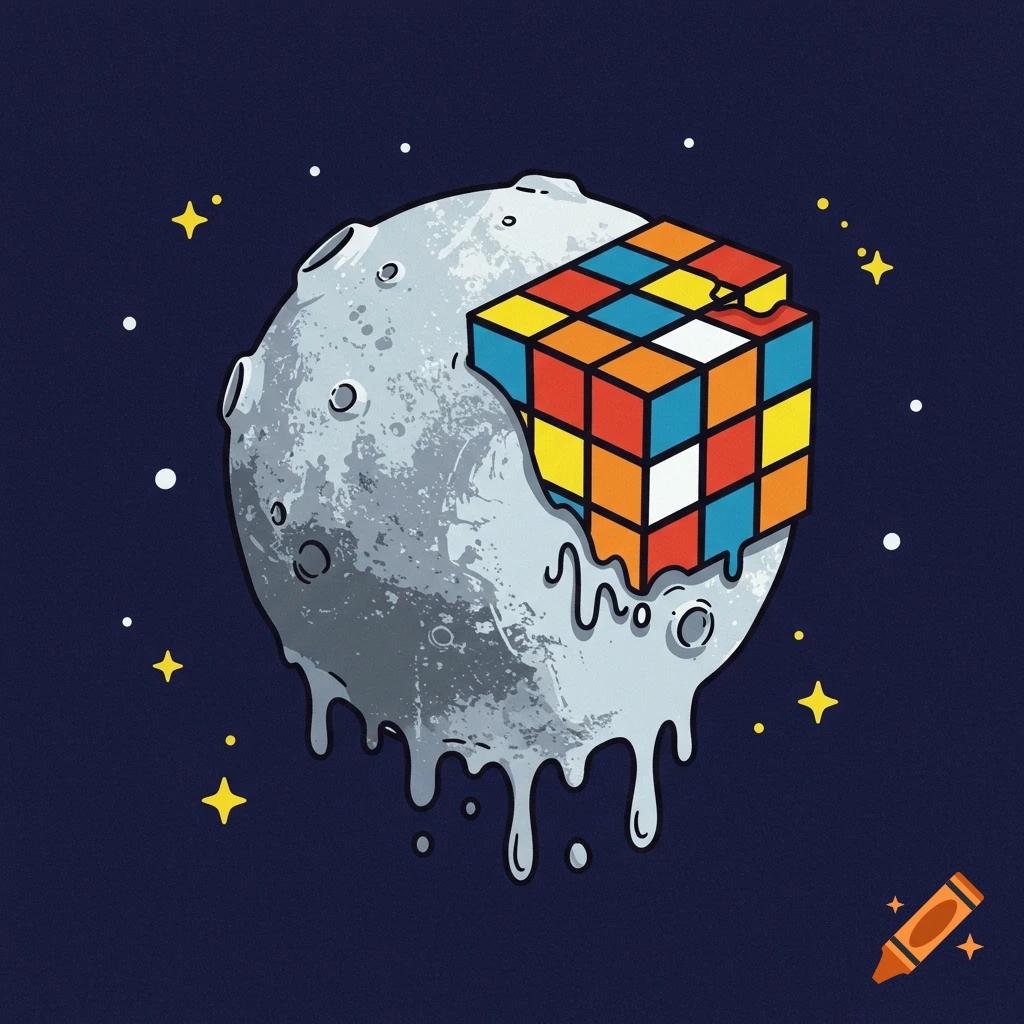 A stylized cartoon illustration of a colorful Rubik's cube melting into a cratered, melting moon, set against a dark blue starry space background.