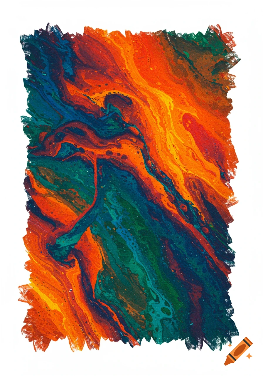 Abstract fluid painting with swirling patterns of orange, red, blue, and green colors, on a white background with a jagged edge.
