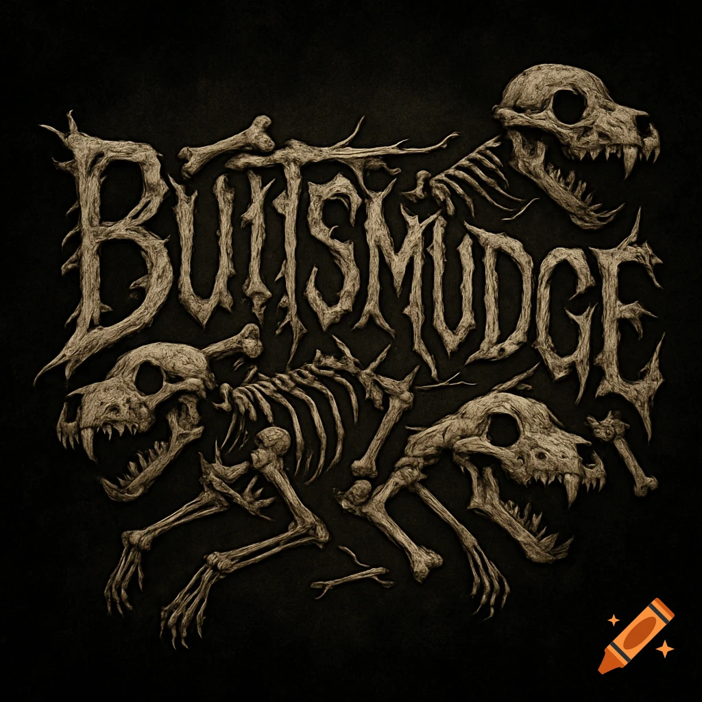 Logo for 'Buttsmudge' metalcore band, made of skeletal bones and three dog skulls, on a dark background.