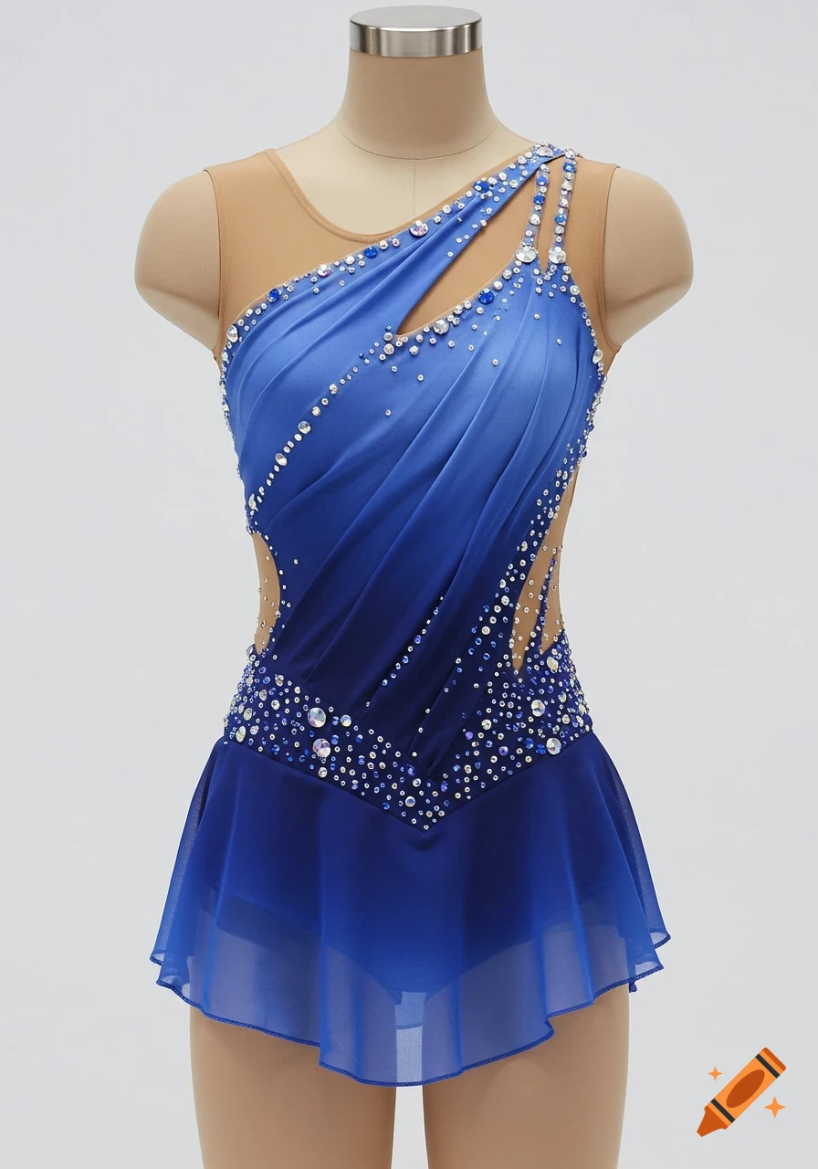 A blue figure skating dress with an ombr e gradient, rhinestones, and a sheer overlay on a mannequin.
