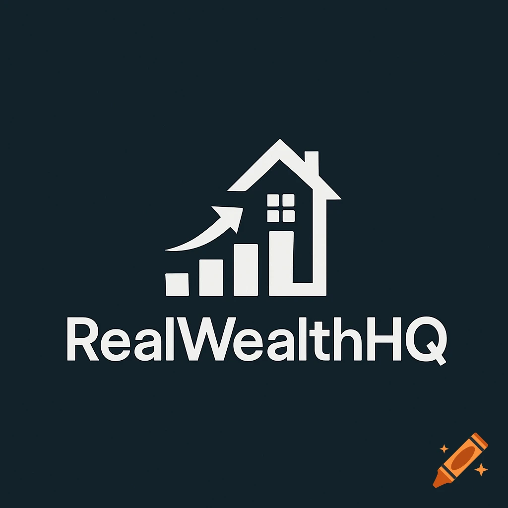 A logo for RealWealthHQ featuring a white house icon, an upward trending bar graph, and the text 'RealWealthHQ' on a dark background.