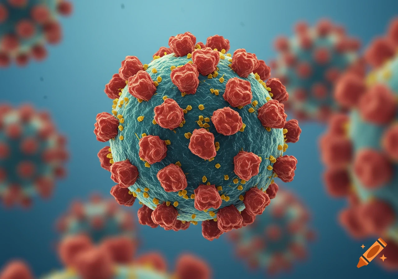 A close-up view of a virus particle with a blue-green core and red spiky proteins against a blurred blue background.