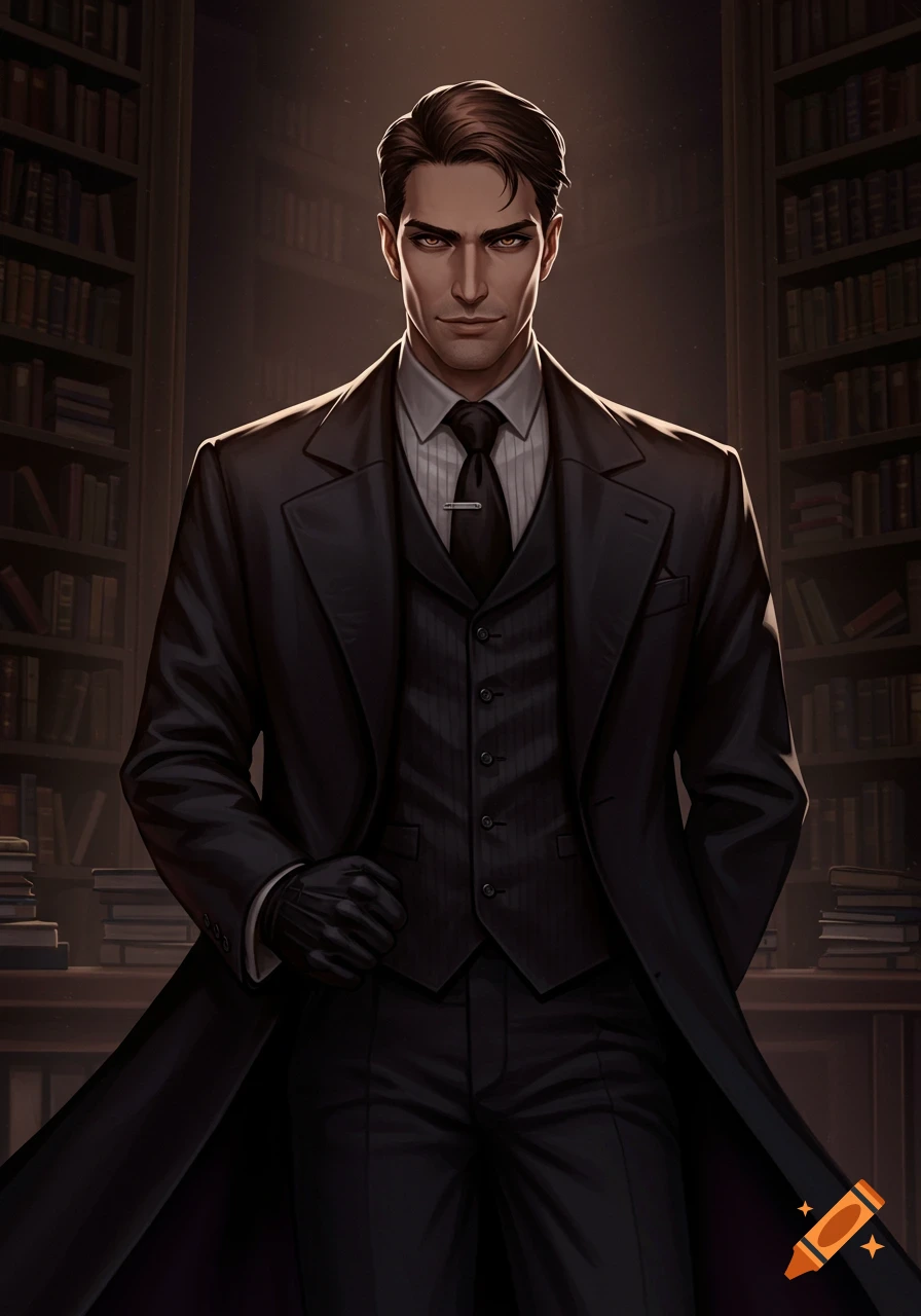 A handsome man in a black suit and long coat stands in a dimly lit library, with a slight smirk.