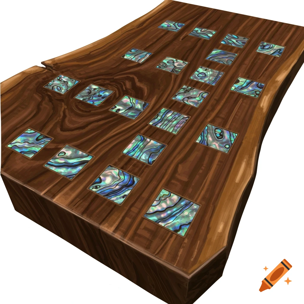 A detailed close-up of a live-edge walnut wood slab featuring numerous square abalone shell inlays with iridescent patterns.