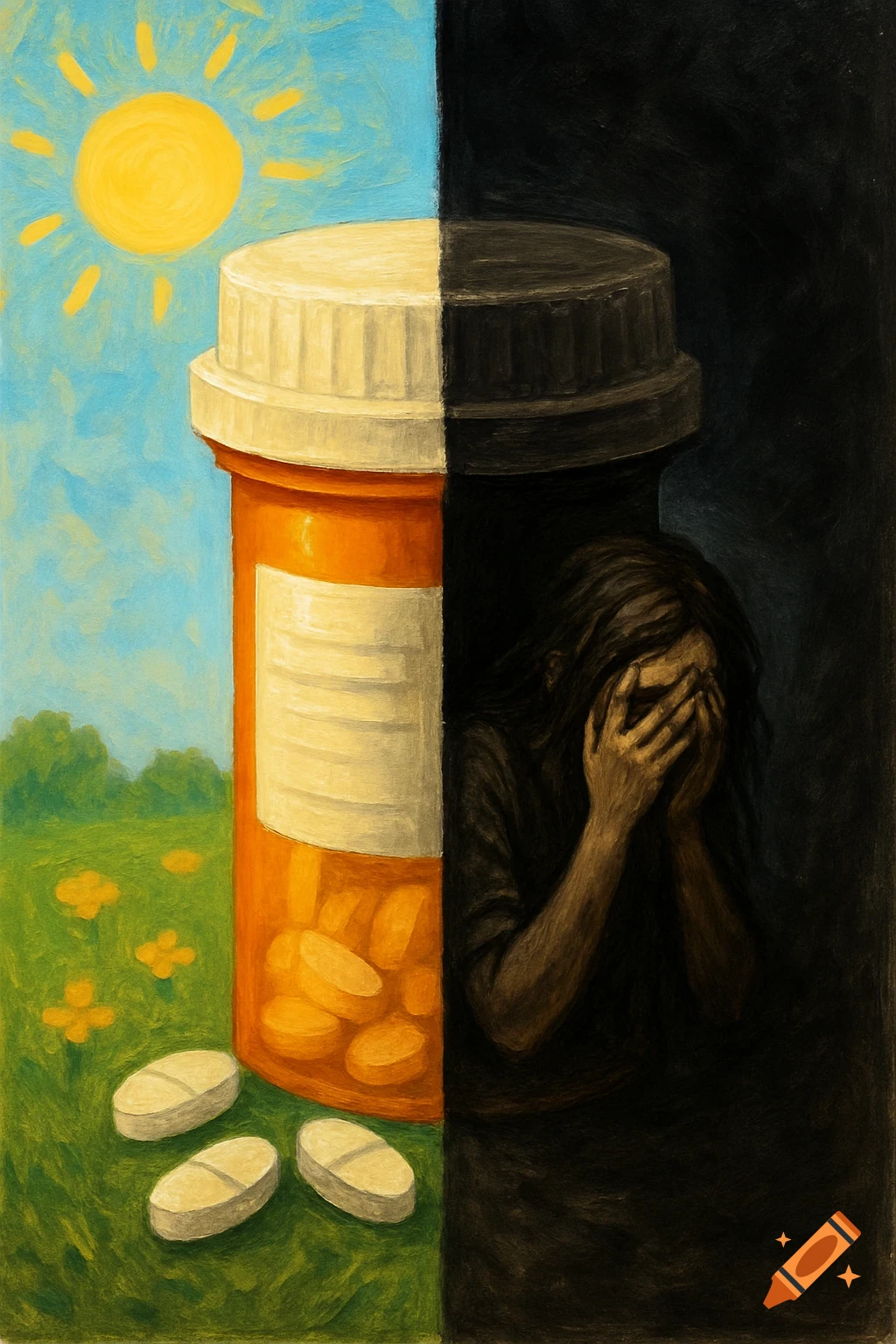 A split painting of a pill bottle, with one side showing sun and field, and the other a person suffering in darkness.
