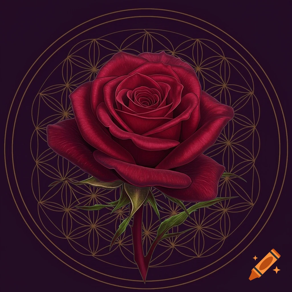 A detailed red rose with a green stem against a deep purple background featuring a golden 'flower of life' geometric pattern.
