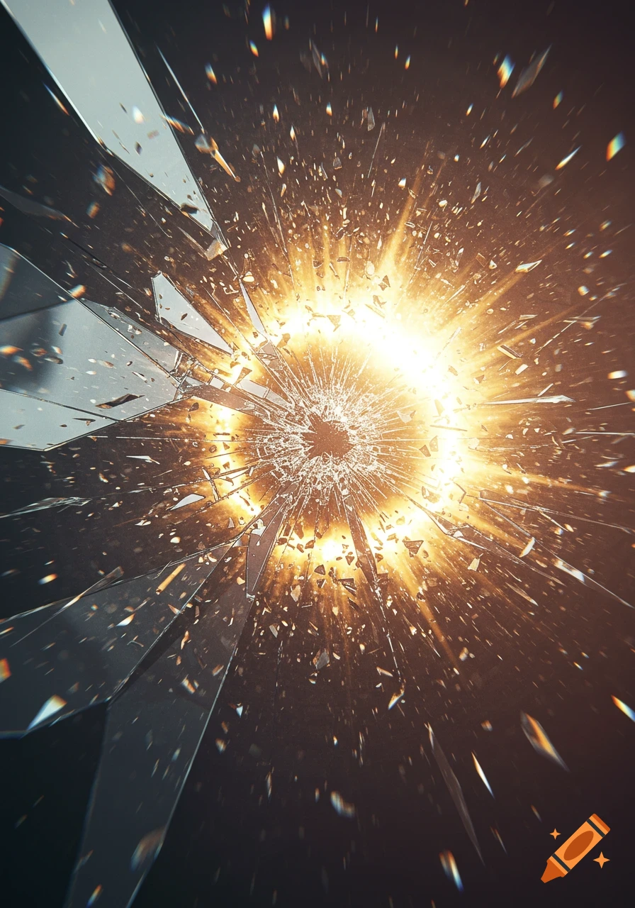 A bright light erupts from the center of a shattered mirror, sending reflective glass pieces flying outwards against a dark background.