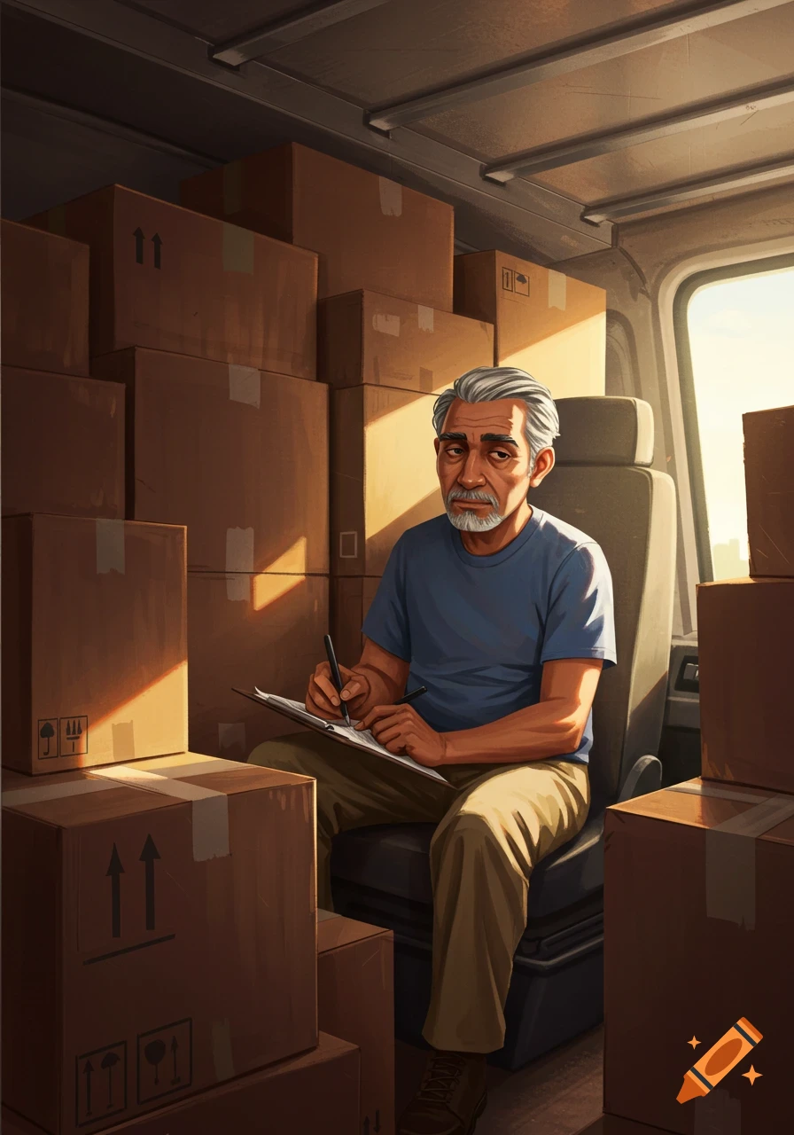An old man with grey hair and beard sits inside a truck filled with moving boxes, writing on a clipboard.