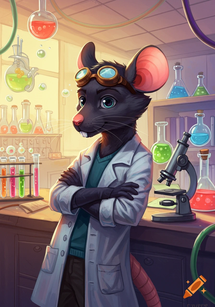 A cartoon anthropomorphic rat in a lab coat and goggles stands in a science laboratory filled with colorful beakers and a microscope.
