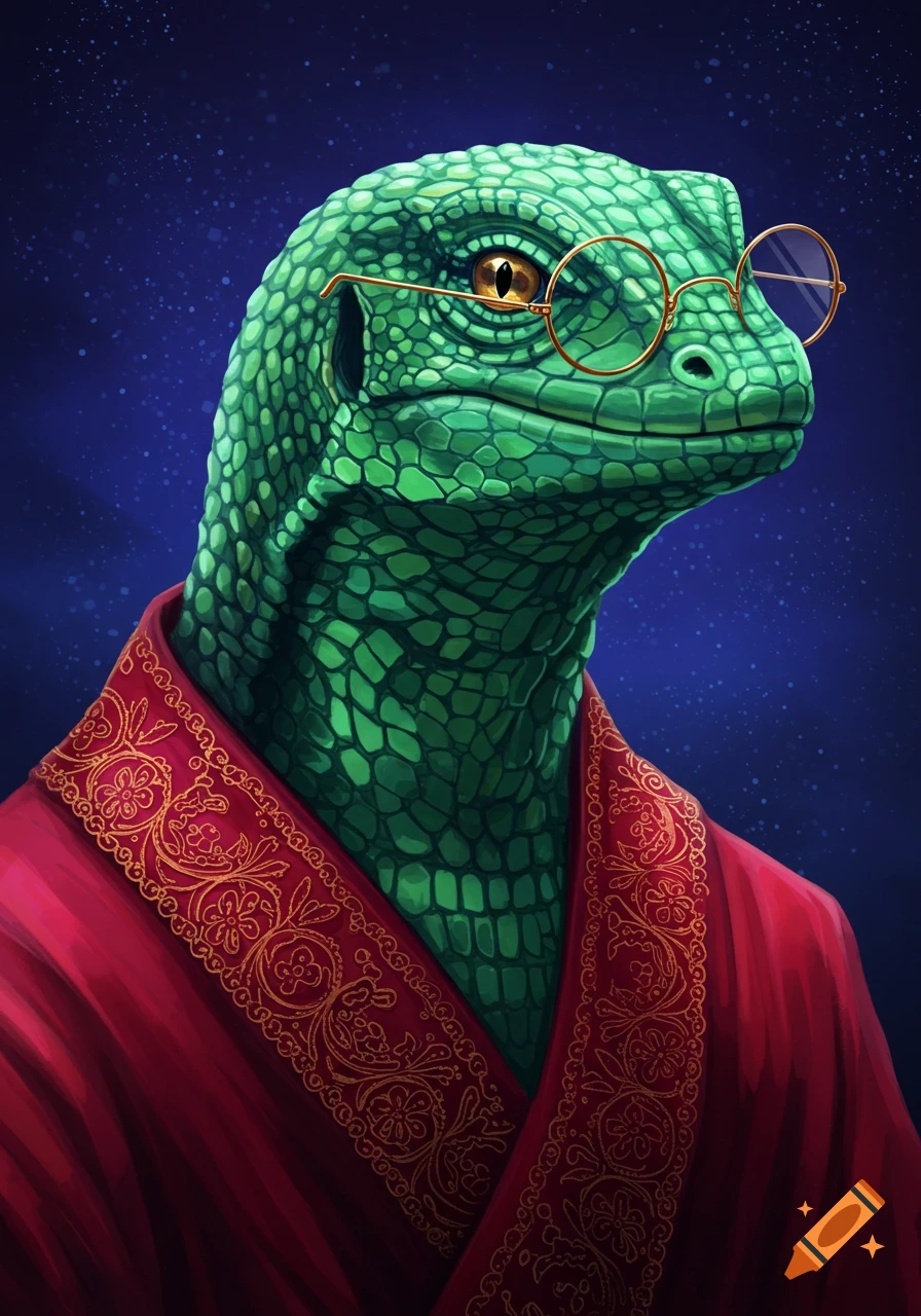 A detailed portrait of a green lizard creature with golden eyes, wearing glasses and a red robe with gold patterns.