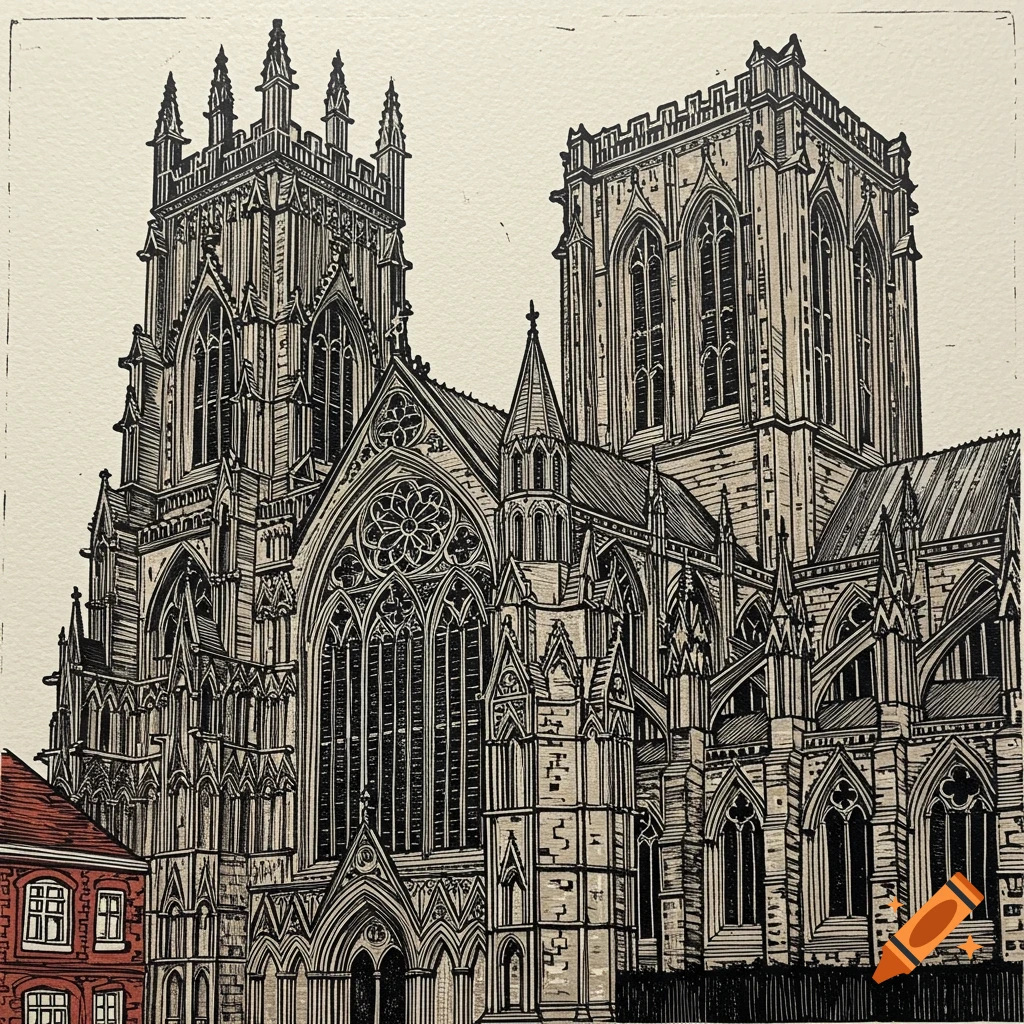 Detailed linocut print of York Minster, showing its gothic towers and intricate facade against a plain background.