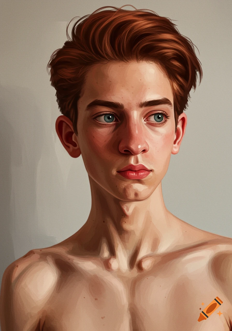 Painterly portrait of a shirtless young man with reddish-brown hair and blue eyes.