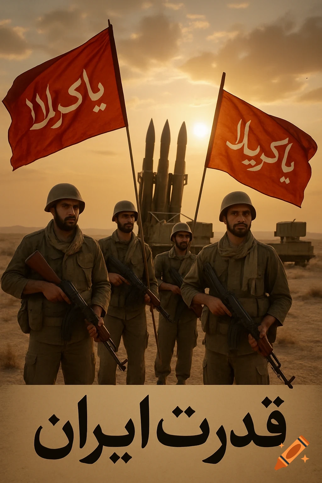 Four Iranian soldiers stand with rifles in a desert at sunset, framed by two red flags and a missile launcher. Black Persian text 'Power of Iran' is at the bottom.