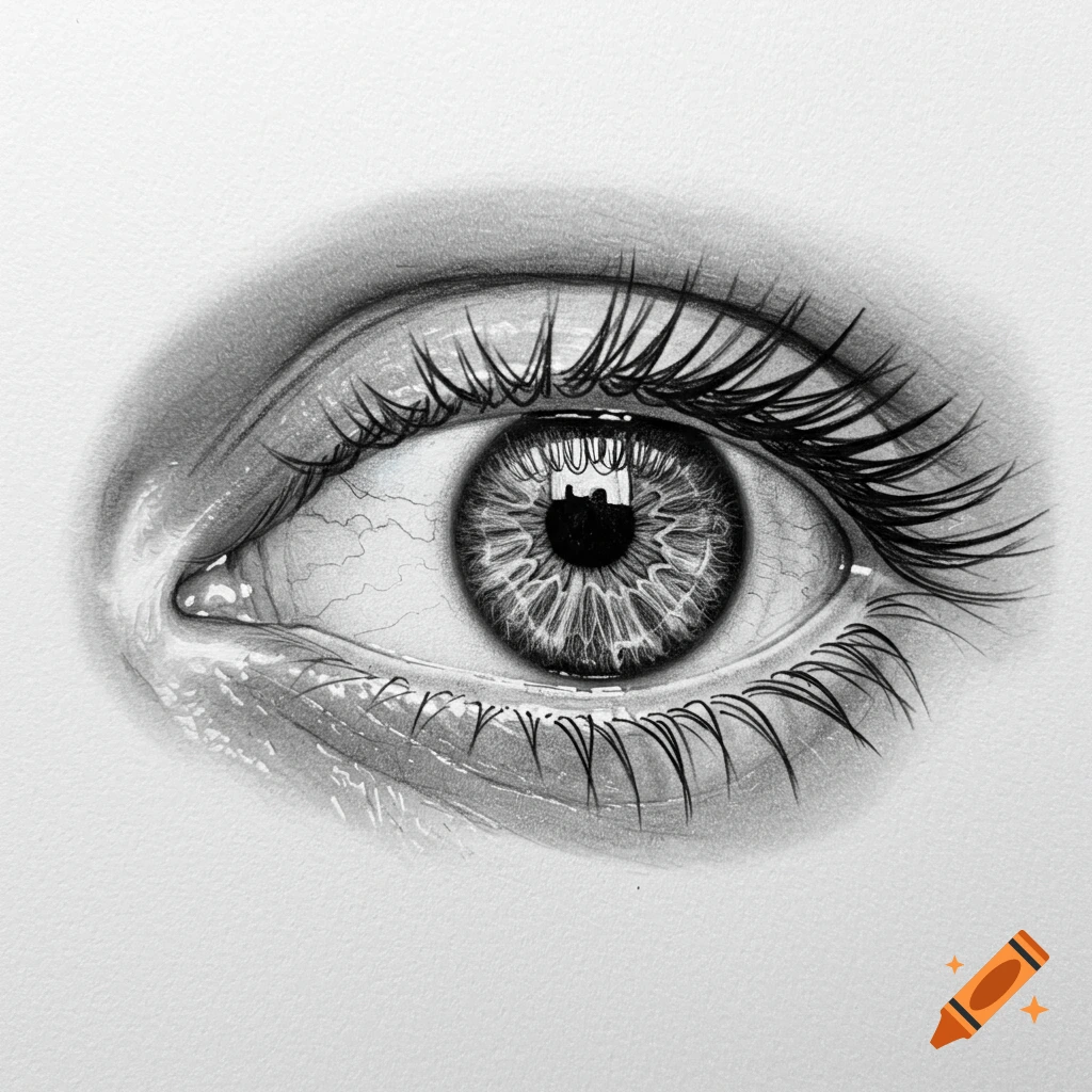Detailed black and white pencil drawing of a human eye with prominent eyelashes and iris texture.