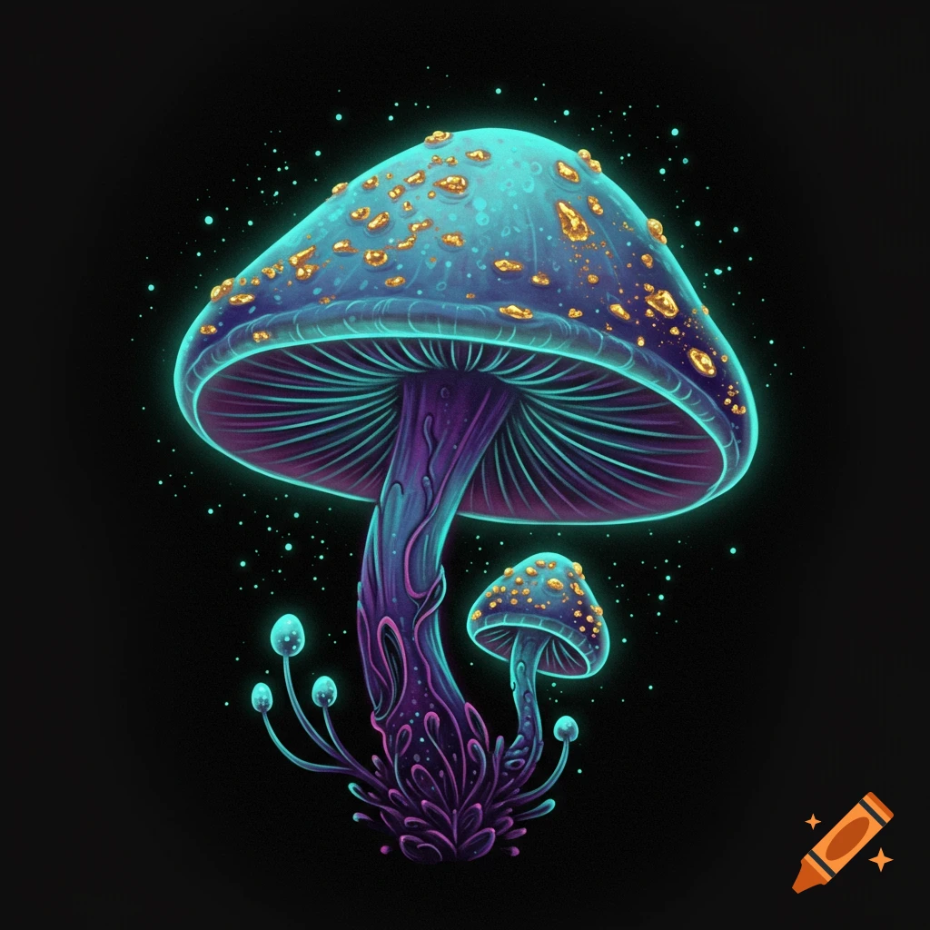 A vibrant, glowing blue and purple fantasy mushroom with golden spots against a dark background.