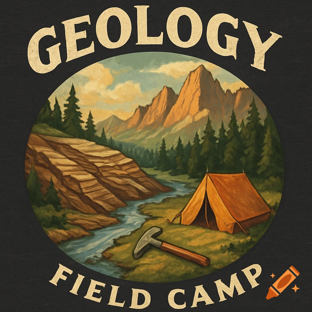 A retro-style circular logo featuring mountains, a river, a tent, and a geological hammer, with 'GEOLOGY' at the top and 'FIELD CAMP' at the bottom.