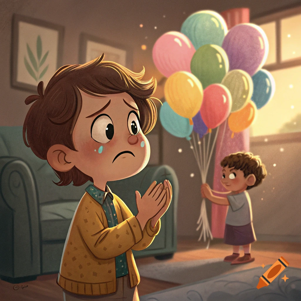A crying cartoon boy in the foreground with hands clasped, as a smaller boy in the background offers colorful balloons in a warm room.