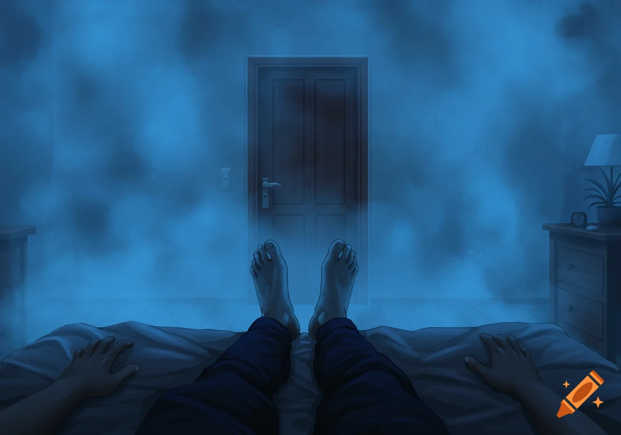 A first-person view of someone lying in bed, their feet and hands visible, looking at a closed door in a blue, misty room.