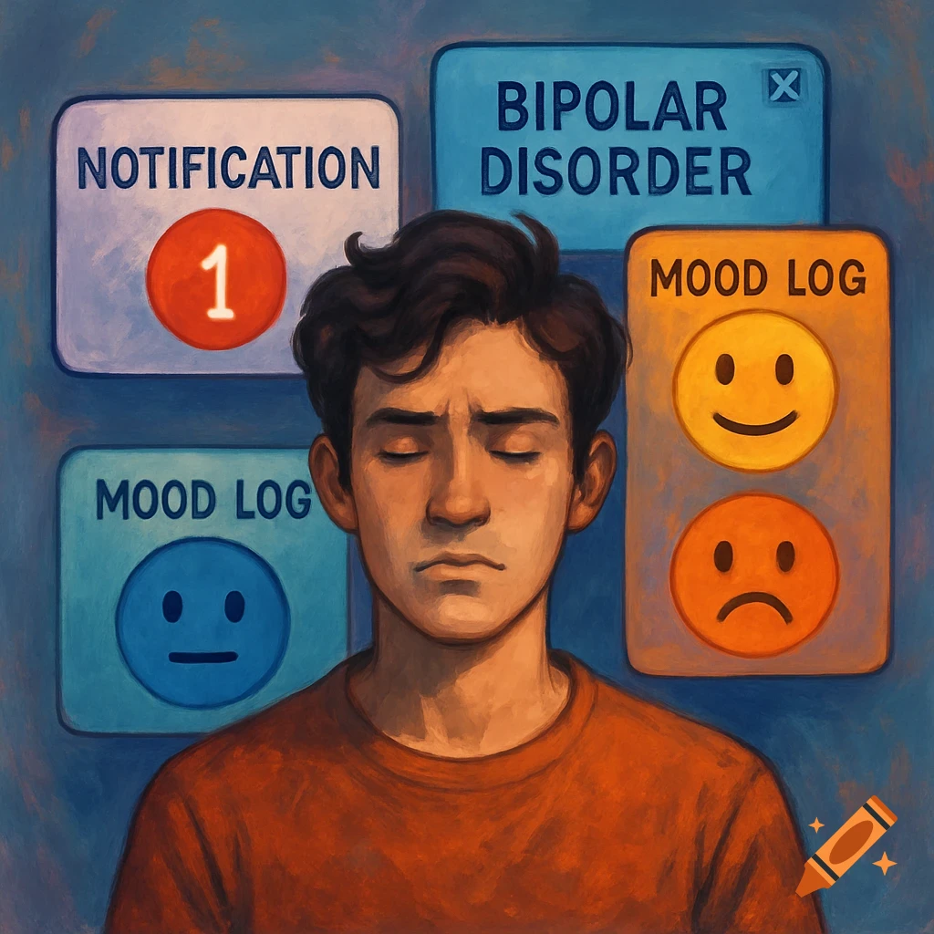 An illustration of a young man with closed eyes, surrounded by app-like boxes displaying 'NOTIFICATION', 'BIPOLAR DISORDER', and 'MOOD LOG'.