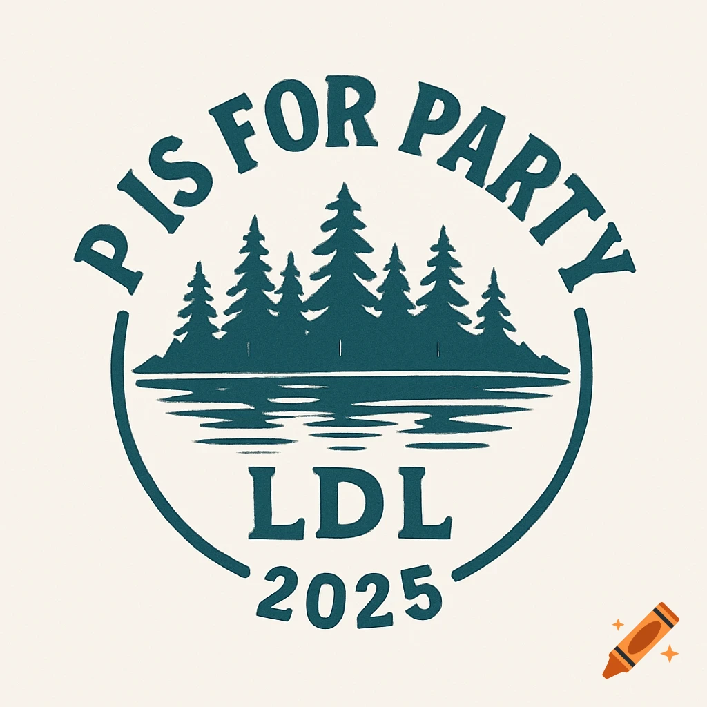 Logo with dark teal text P IS FOR PARTY curved above a silhouette of evergreen trees and a lake, with LDL and 2025 below, on a light background.