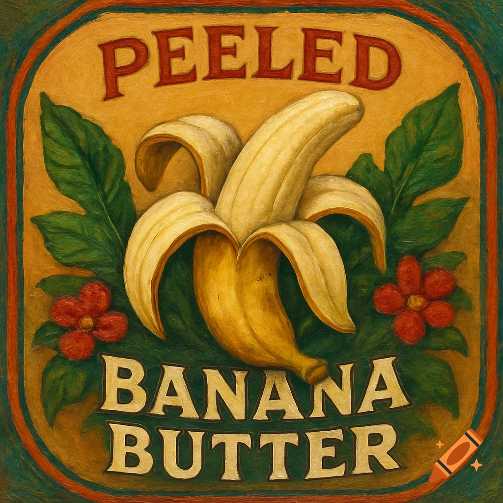A vintage-style label for 'Peeled Banana Butter' featuring a peeled banana, green leaves, and red flowers on a warm background.
