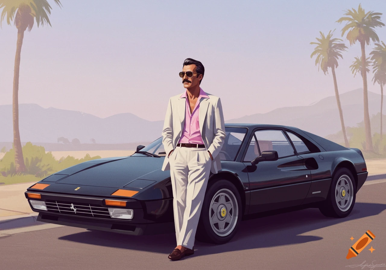 Illustrative image of a man in a white suit leaning on a black 1980s Ferrari with palm trees and mountains.